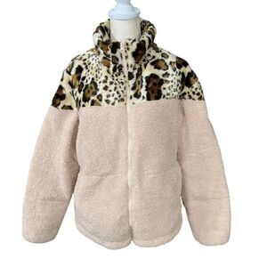 Orolay Leopard Beige Sherpa Teddy Jacket Goose Down Leopard Print Size Medium